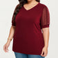 Plus Size Short Sleeve Top with V Neck Sheer Dot Mesh Sleeves Soft Knit Fabric Relaxed Shirt