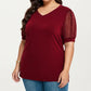 Plus Size Short Sleeve Top with V Neck Sheer Dot Mesh Sleeves Soft Knit Fabric Relaxed Shirt