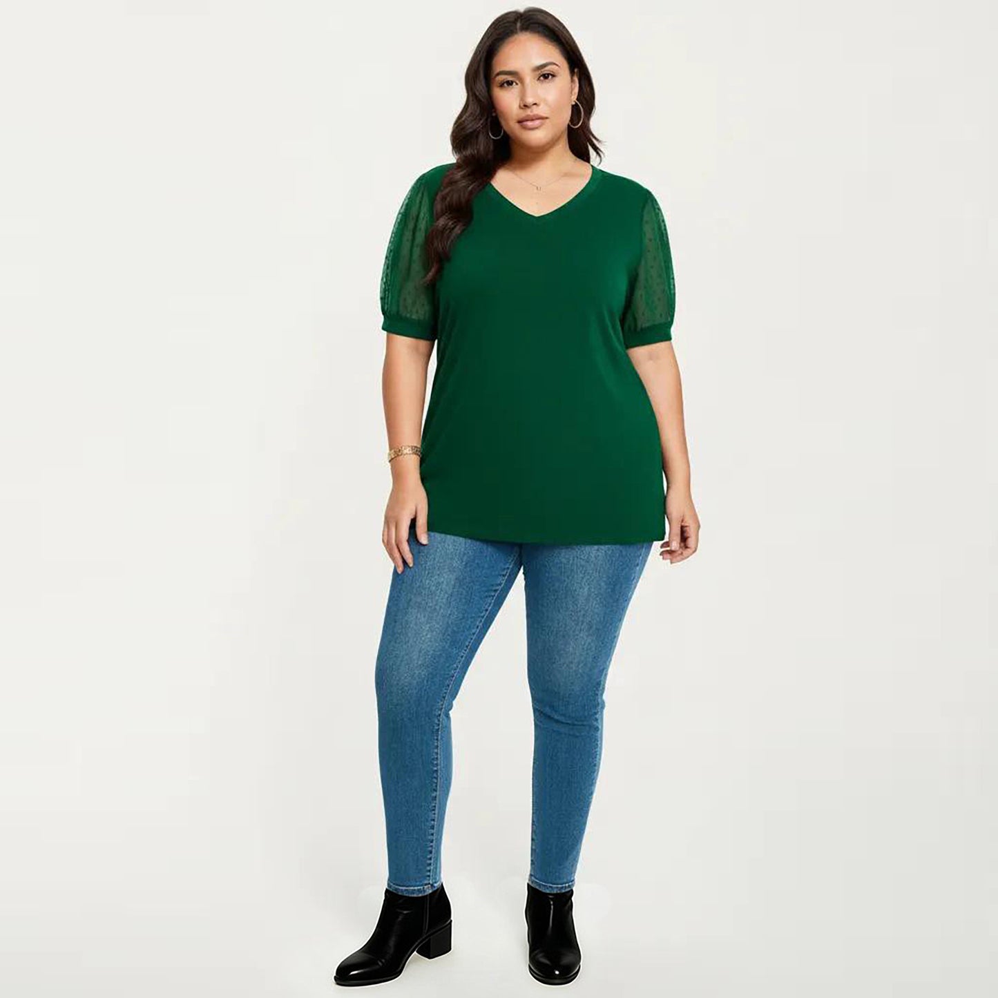 Plus Size Short Sleeve Top with V Neck Sheer Dot Mesh Sleeves Soft Knit Fabric Relaxed Shirt