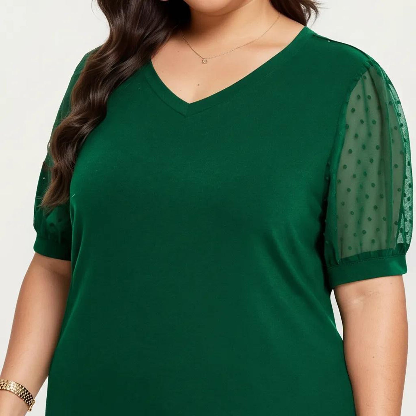 Plus Size Short Sleeve Top with V Neck Sheer Dot Mesh Sleeves Soft Knit Fabric Relaxed Shirt