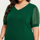 Plus Size Short Sleeve Top with V Neck Sheer Dot Mesh Sleeves Soft Knit Fabric Relaxed Shirt