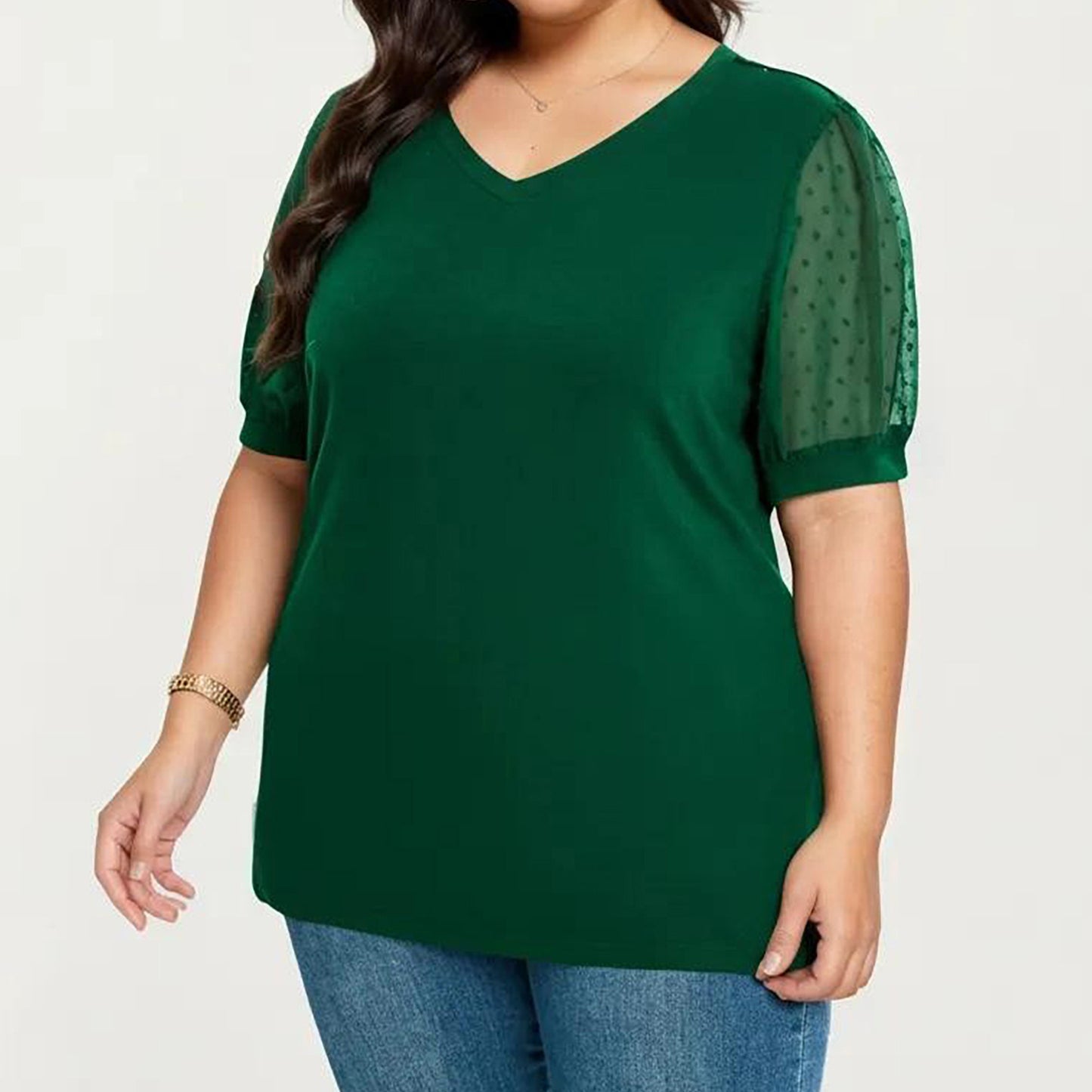 Plus Size Short Sleeve Top with V Neck Sheer Dot Mesh Sleeves Soft Knit Fabric Relaxed Shirt