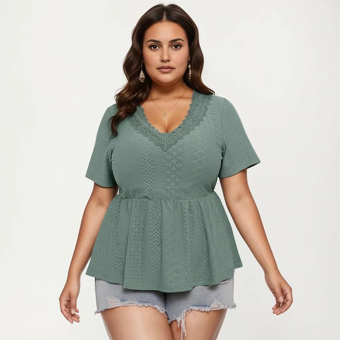 Plus Size Short Sleeve Peplum Top with V Neck Lace Trim Eyelet Knit Fabric Relaxed Fit Shirt
