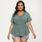 Plus Size Short Sleeve Peplum Top with V Neck Lace Trim Eyelet Knit Fabric Relaxed Fit Shirt