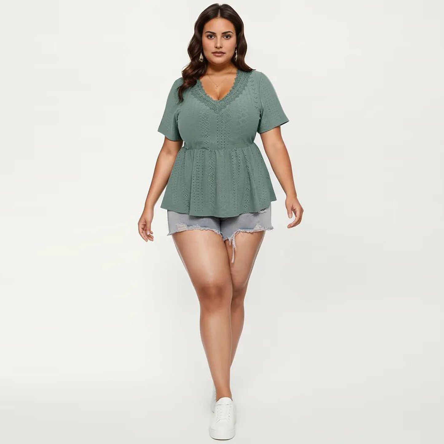 Plus Size Short Sleeve Peplum Top with V Neck Lace Trim Eyelet Knit Fabric Relaxed Fit Shirt