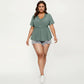 Plus Size Short Sleeve Peplum Top with V Neck Lace Trim Eyelet Knit Fabric Relaxed Fit Shirt