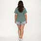 Plus Size Short Sleeve Peplum Top with V Neck Lace Trim Eyelet Knit Fabric Relaxed Fit Shirt