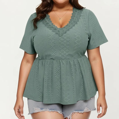 Plus Size Short Sleeve Peplum Top with V Neck Lace Trim Eyelet Knit Fabric Relaxed Fit Shirt