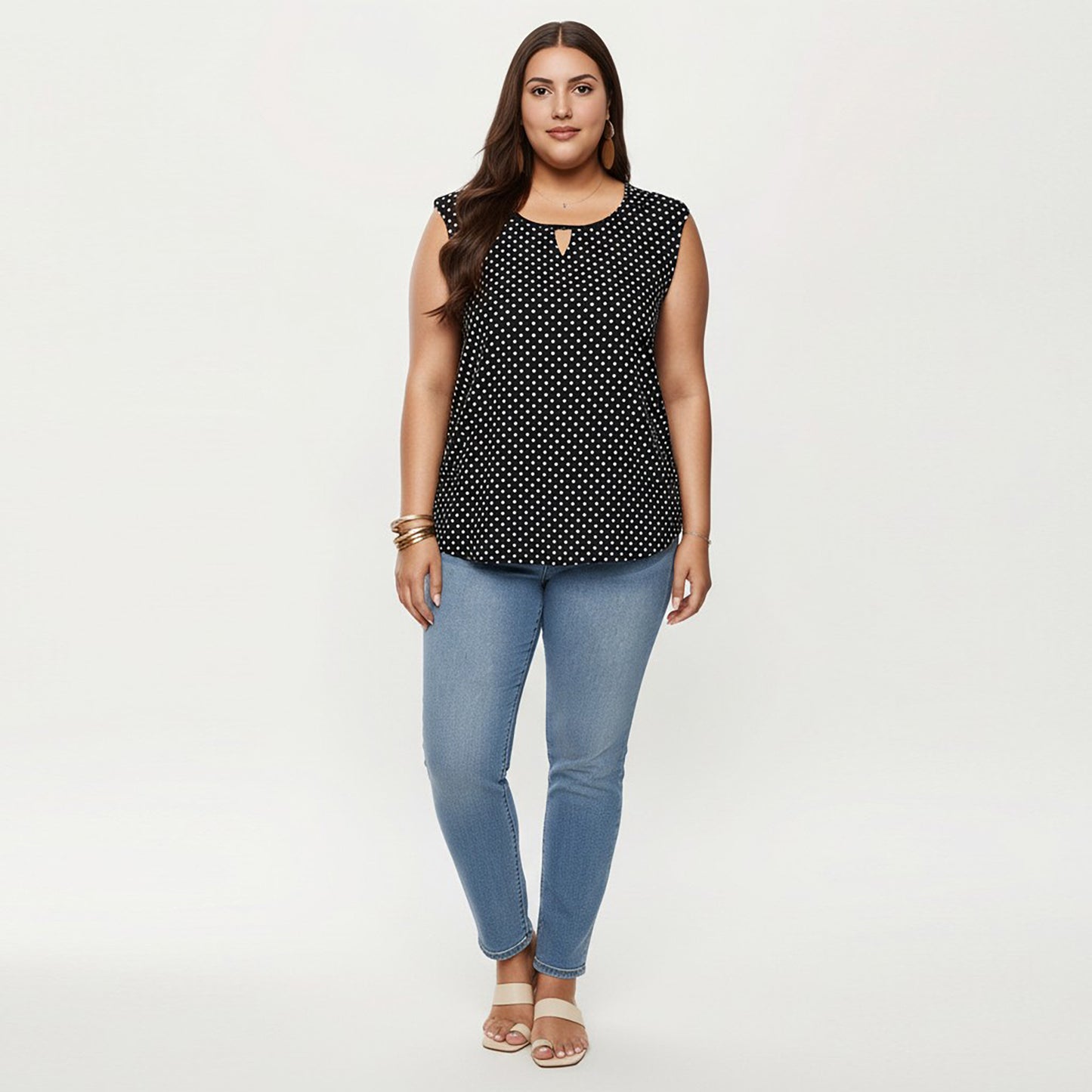 Plus Size Sleeveless Blouse with Keyhole Neck Polka Dot Print Lightweight Woven Fabric Top