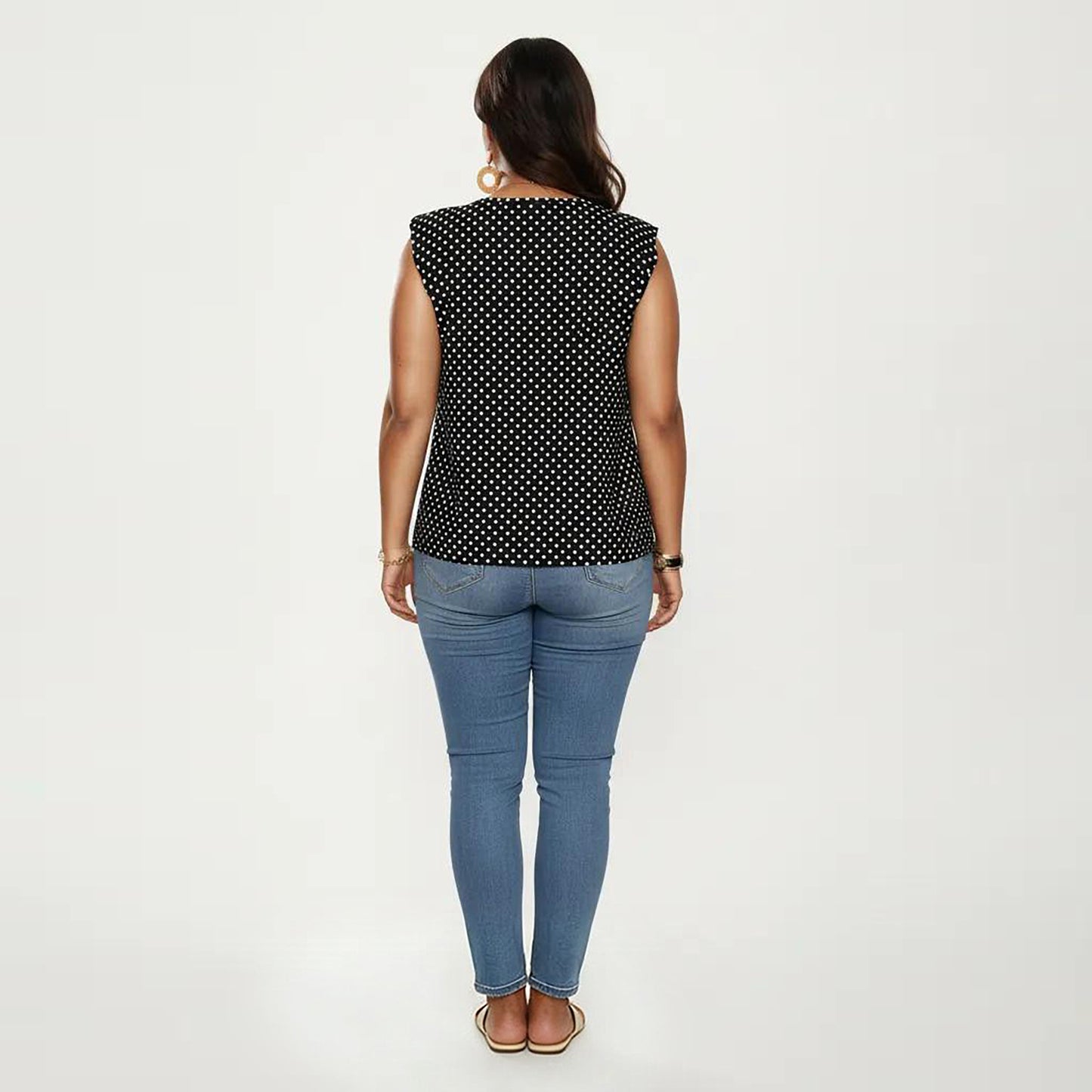 Plus Size Sleeveless Blouse with Keyhole Neck Polka Dot Print Lightweight Woven Fabric Top