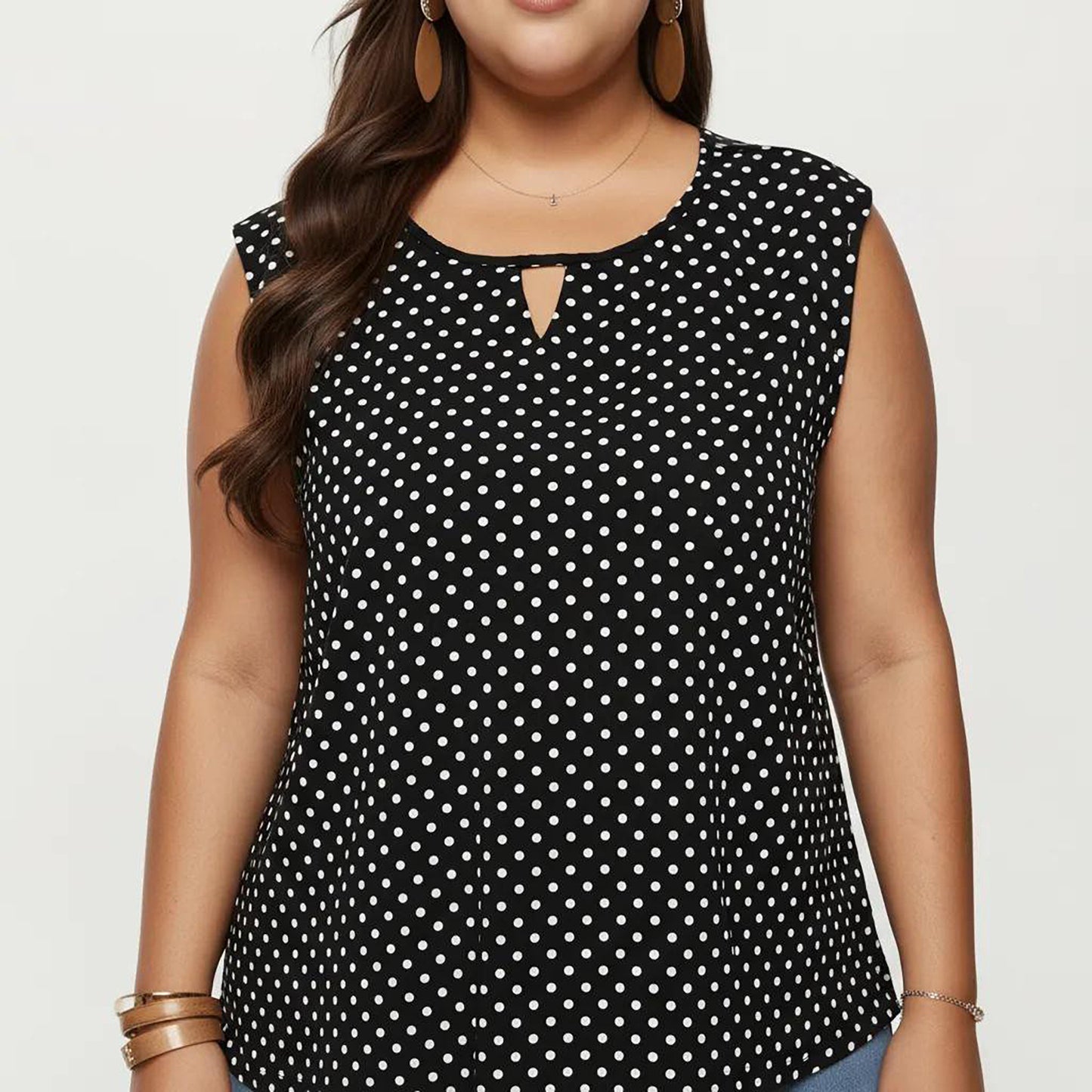 Plus Size Sleeveless Blouse with Keyhole Neck Polka Dot Print Lightweight Woven Fabric Top