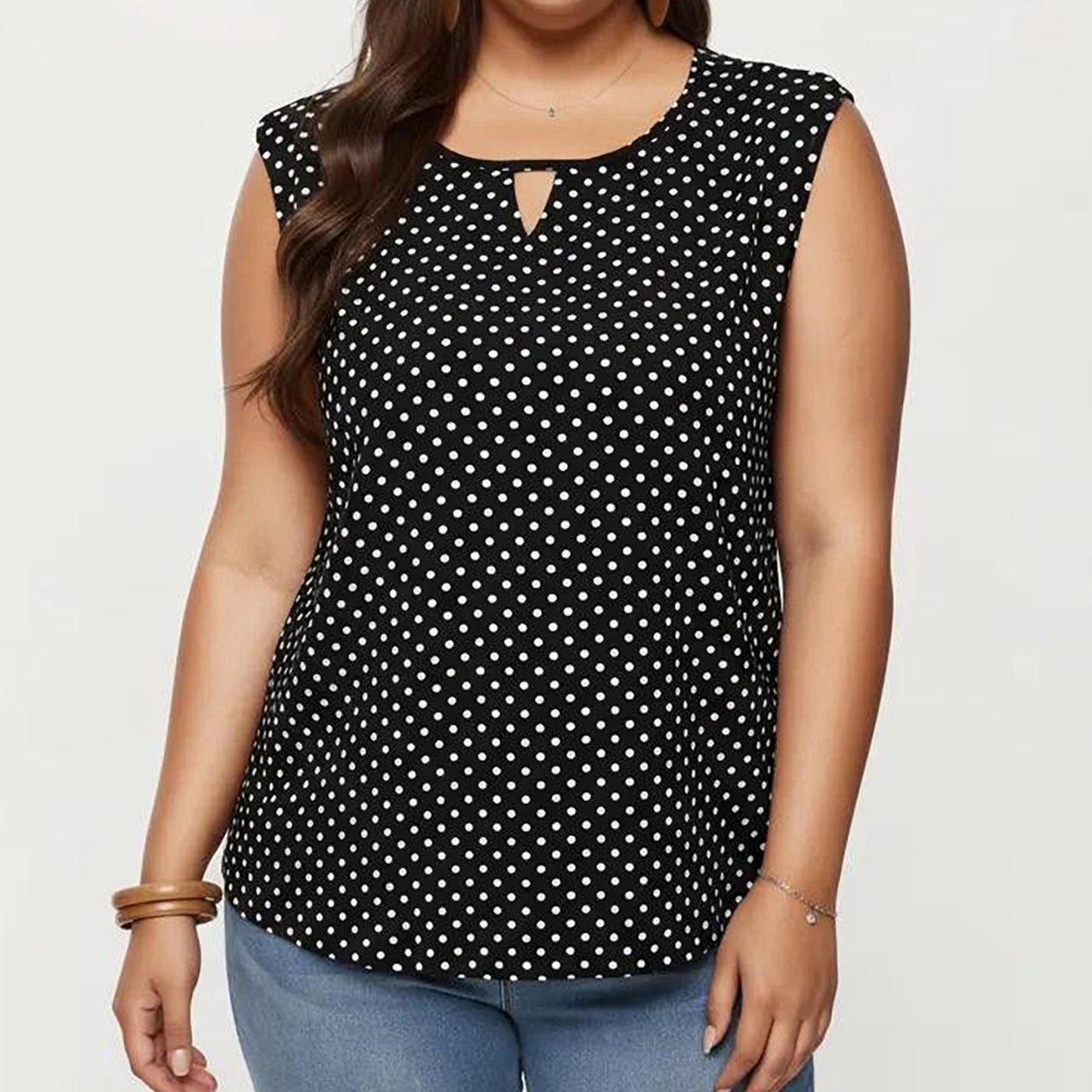 Plus Size Sleeveless Blouse with Keyhole Neck Polka Dot Print Lightweight Woven Fabric Top