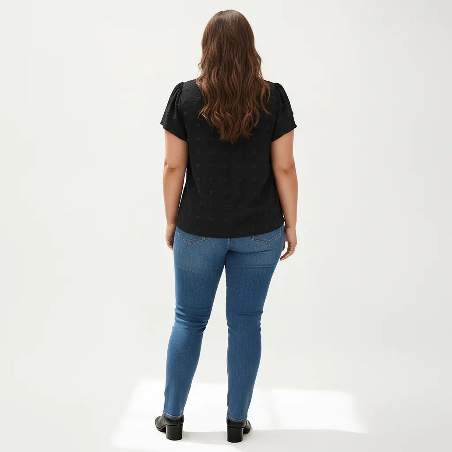Plus Size Short Sleeve V Neck Blouse with Textured Swiss Dot Fabric Lightweight Woven Top