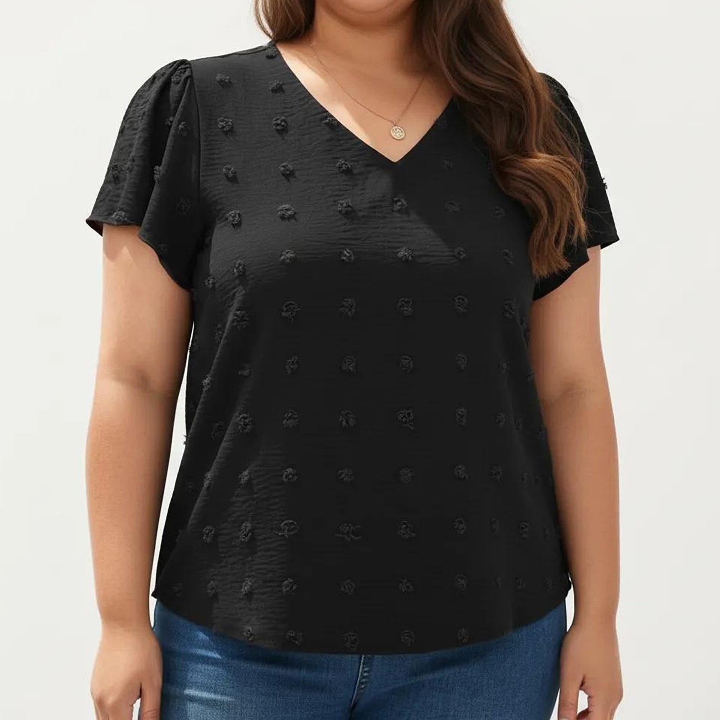 Plus Size Short Sleeve V Neck Blouse with Textured Swiss Dot Fabric Lightweight Woven Top