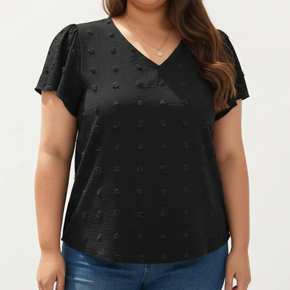 Plus Size Short Sleeve V Neck Blouse with Textured Swiss Dot Fabric Lightweight Woven Top