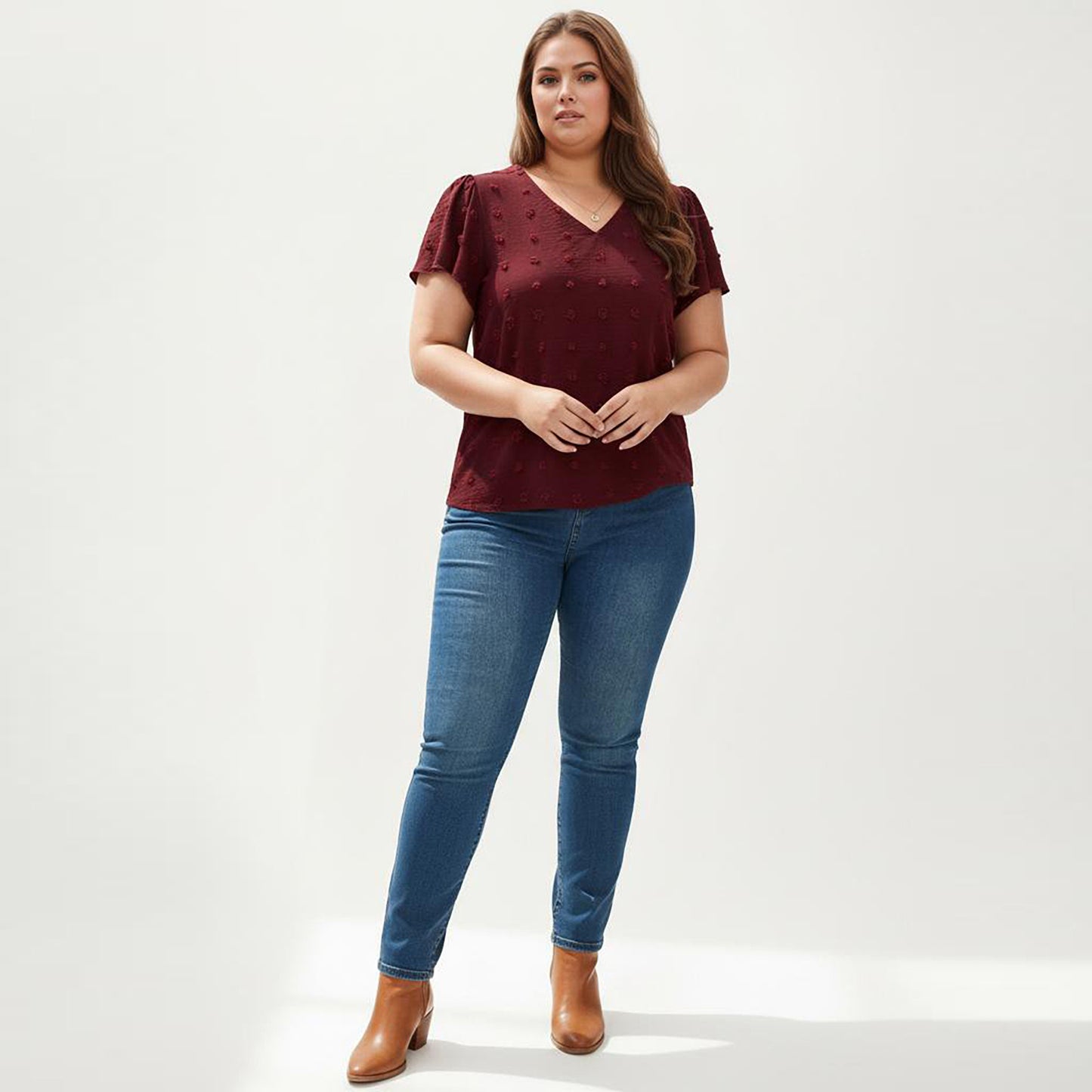 Plus Size Short Sleeve V Neck Blouse with Textured Swiss Dot Fabric Lightweight Woven Top