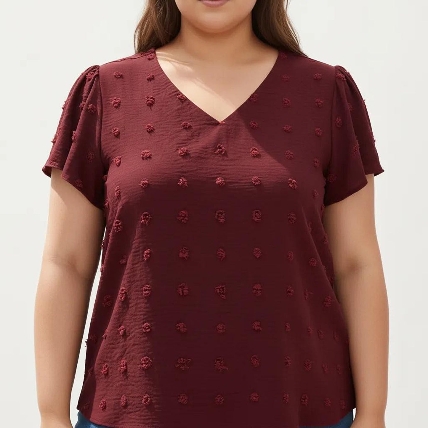Plus Size Short Sleeve V Neck Blouse with Textured Swiss Dot Fabric Lightweight Woven Top