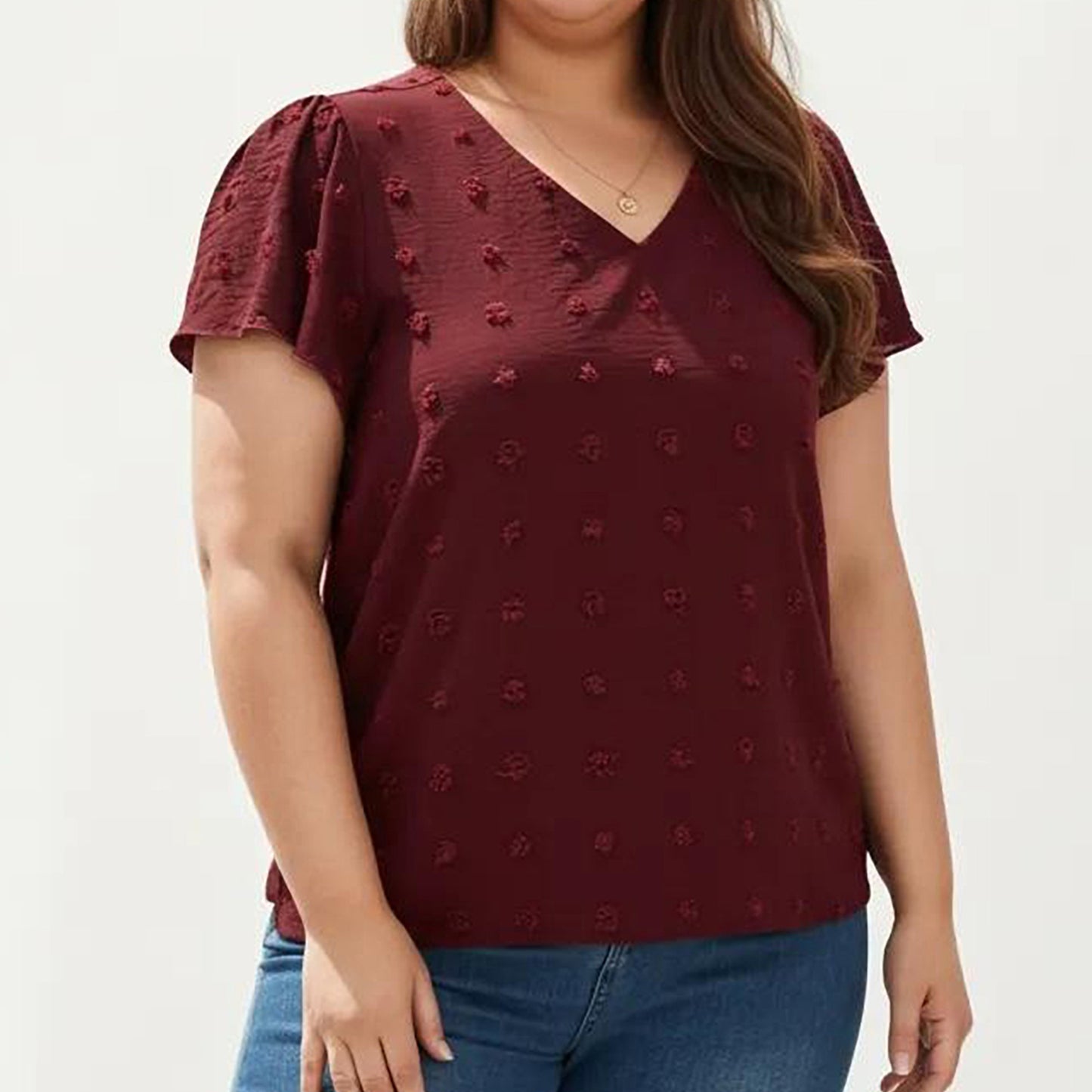 Plus Size Short Sleeve V Neck Blouse with Textured Swiss Dot Fabric Lightweight Woven Top