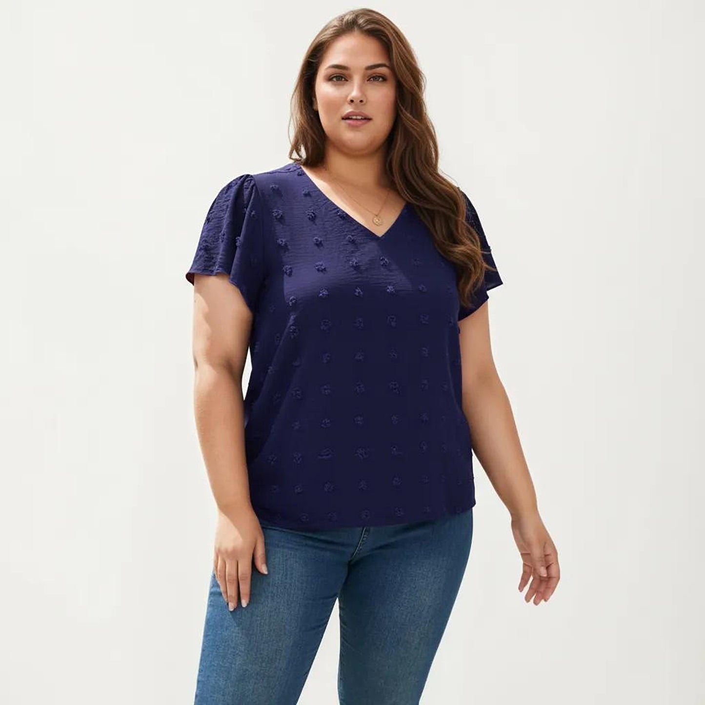 Plus Size Short Sleeve V Neck Blouse with Textured Swiss Dot Fabric Lightweight Woven Top