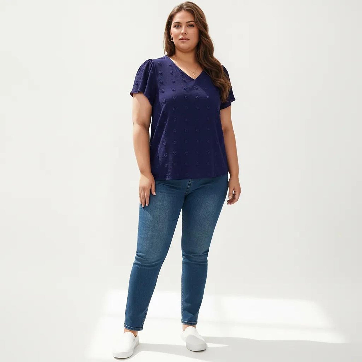Plus Size Short Sleeve V Neck Blouse with Textured Swiss Dot Fabric Lightweight Woven Top