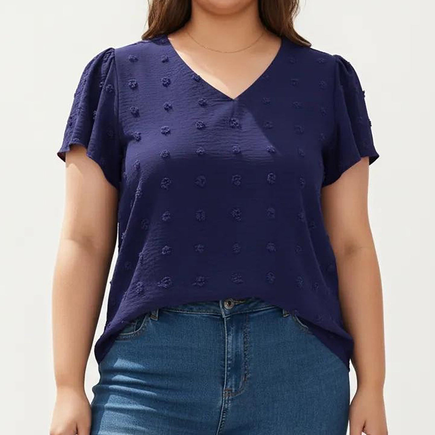 Plus Size Short Sleeve V Neck Blouse with Textured Swiss Dot Fabric Lightweight Woven Top