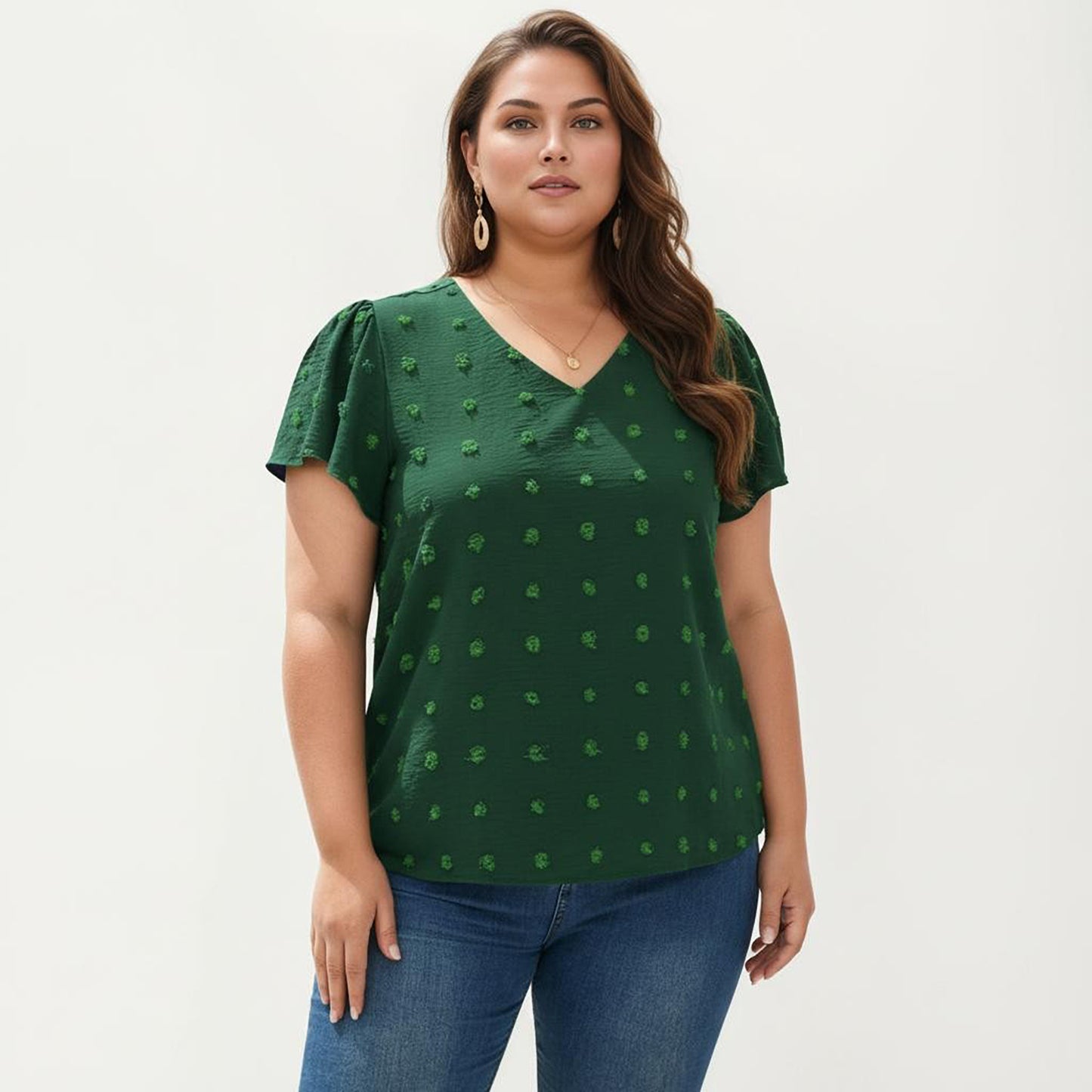 Plus Size Short Sleeve V Neck Blouse with Textured Swiss Dot Fabric Lightweight Woven Top