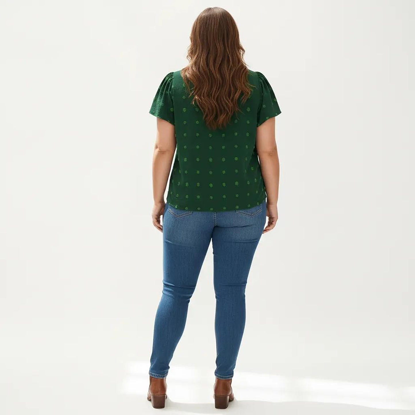 Plus Size Short Sleeve V Neck Blouse with Textured Swiss Dot Fabric Lightweight Woven Top