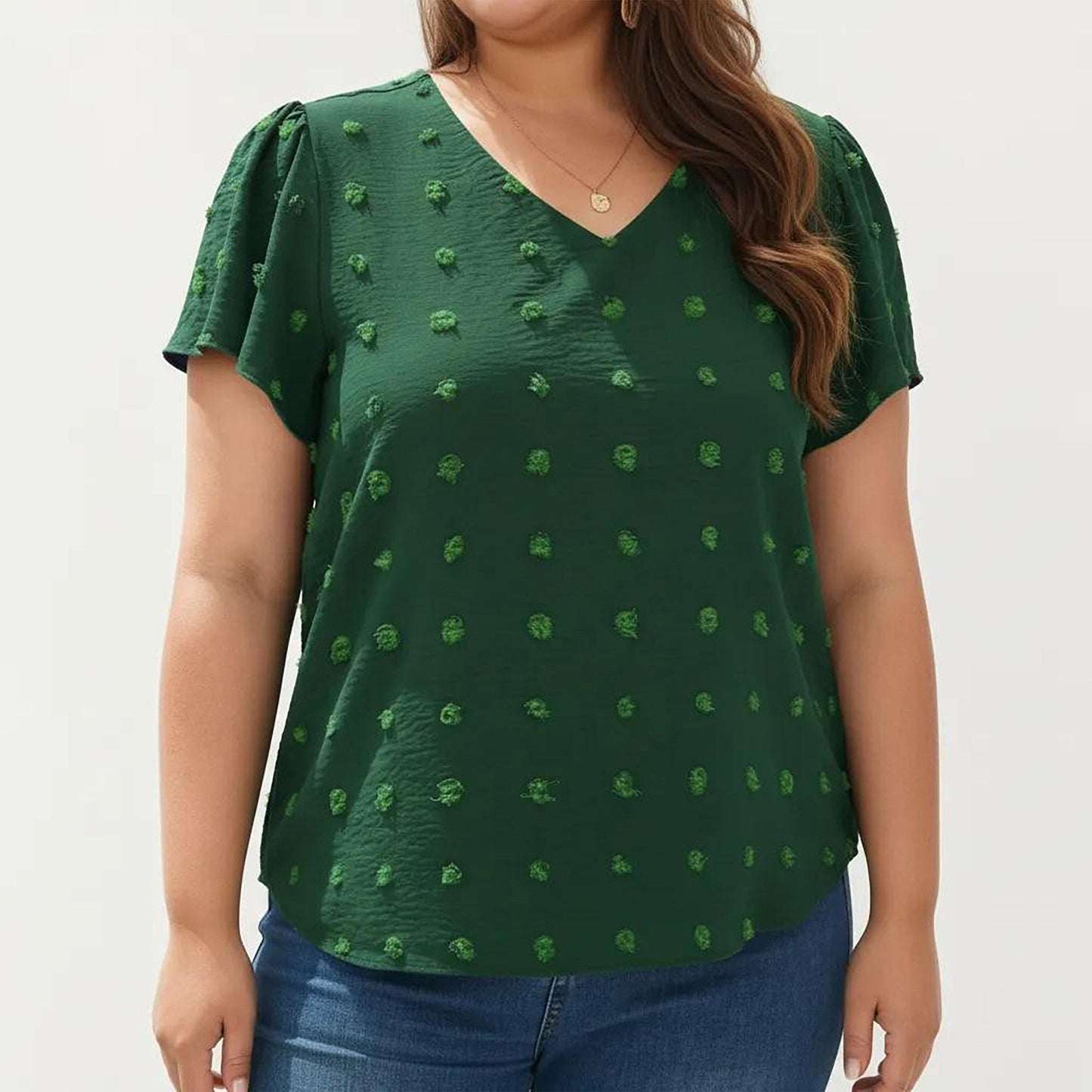 Plus Size Short Sleeve V Neck Blouse with Textured Swiss Dot Fabric Lightweight Woven Top