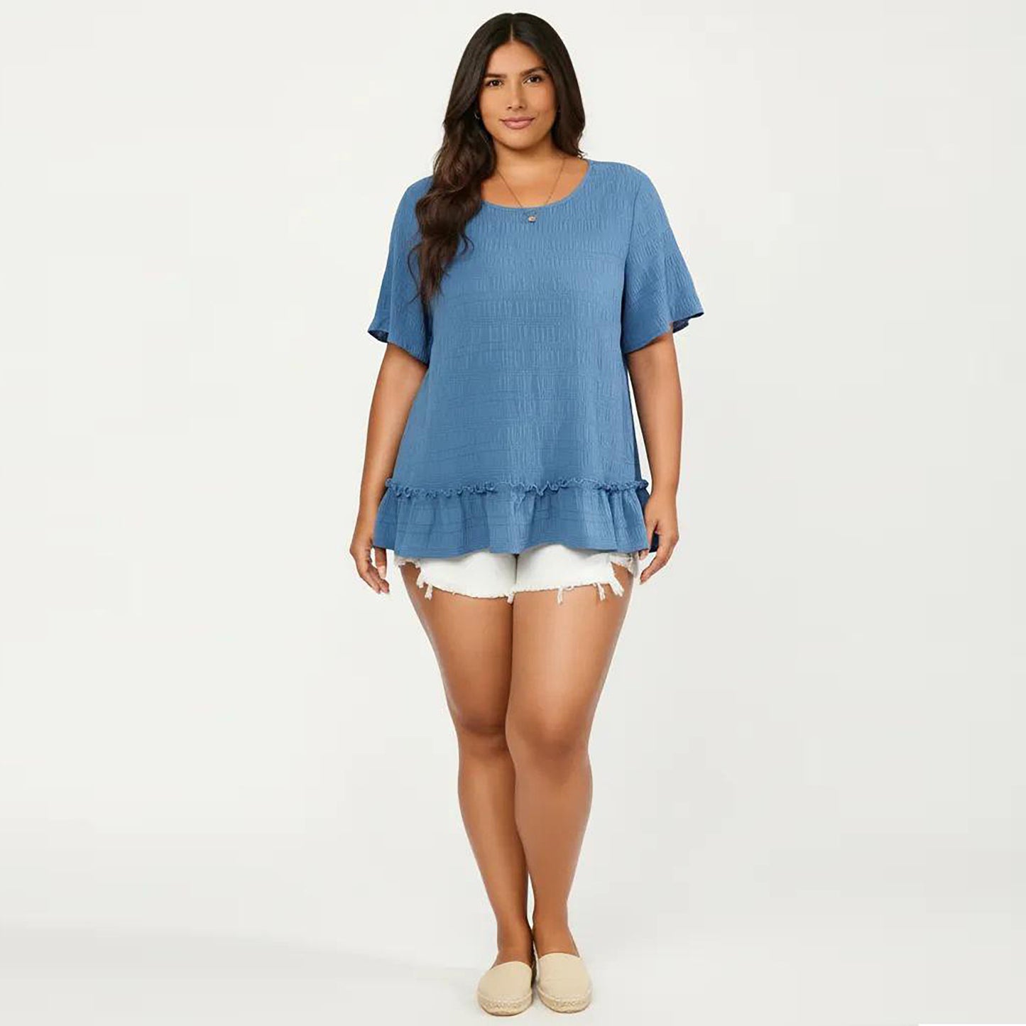 Plus Size Short Sleeve Peplum Top with Textured Knit Fabric Round Neck Ruffle Hem Shirt