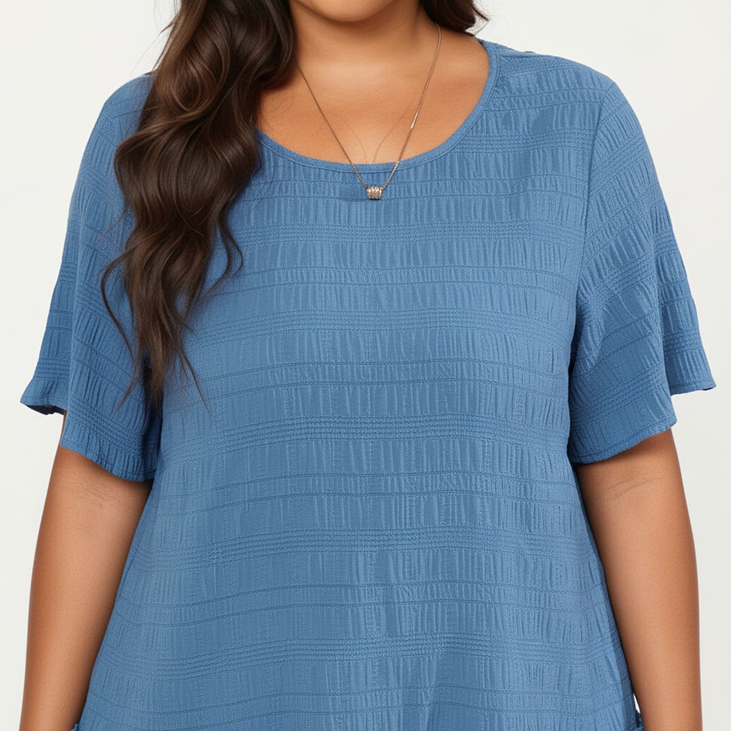 Plus Size Short Sleeve Peplum Top with Textured Knit Fabric Round Neck Ruffle Hem Shirt