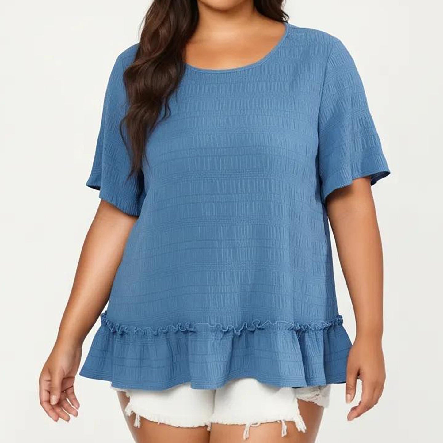 Plus Size Short Sleeve Peplum Top with Textured Knit Fabric Round Neck Ruffle Hem Shirt