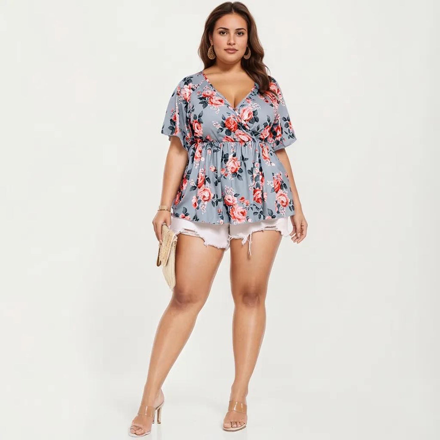 Plus Size Short Sleeve Wrap V Neck Peplum Top with Floral Print Lightweight Fabric Blouse