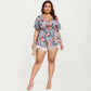 Plus Size Short Sleeve Wrap V Neck Peplum Top with Floral Print Lightweight Fabric Blouse
