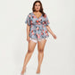 Plus Size Short Sleeve Wrap V Neck Peplum Top with Floral Print Lightweight Fabric Blouse