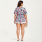 Plus Size Short Sleeve Wrap V Neck Peplum Top with Floral Print Lightweight Fabric Blouse