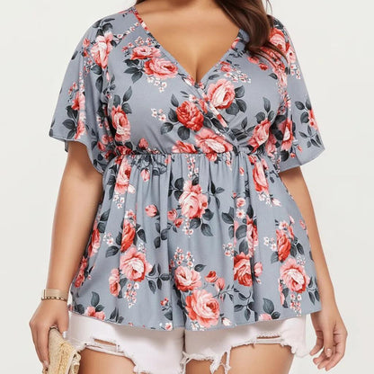 Plus Size Short Sleeve Wrap V Neck Peplum Top with Floral Print Lightweight Fabric Blouse