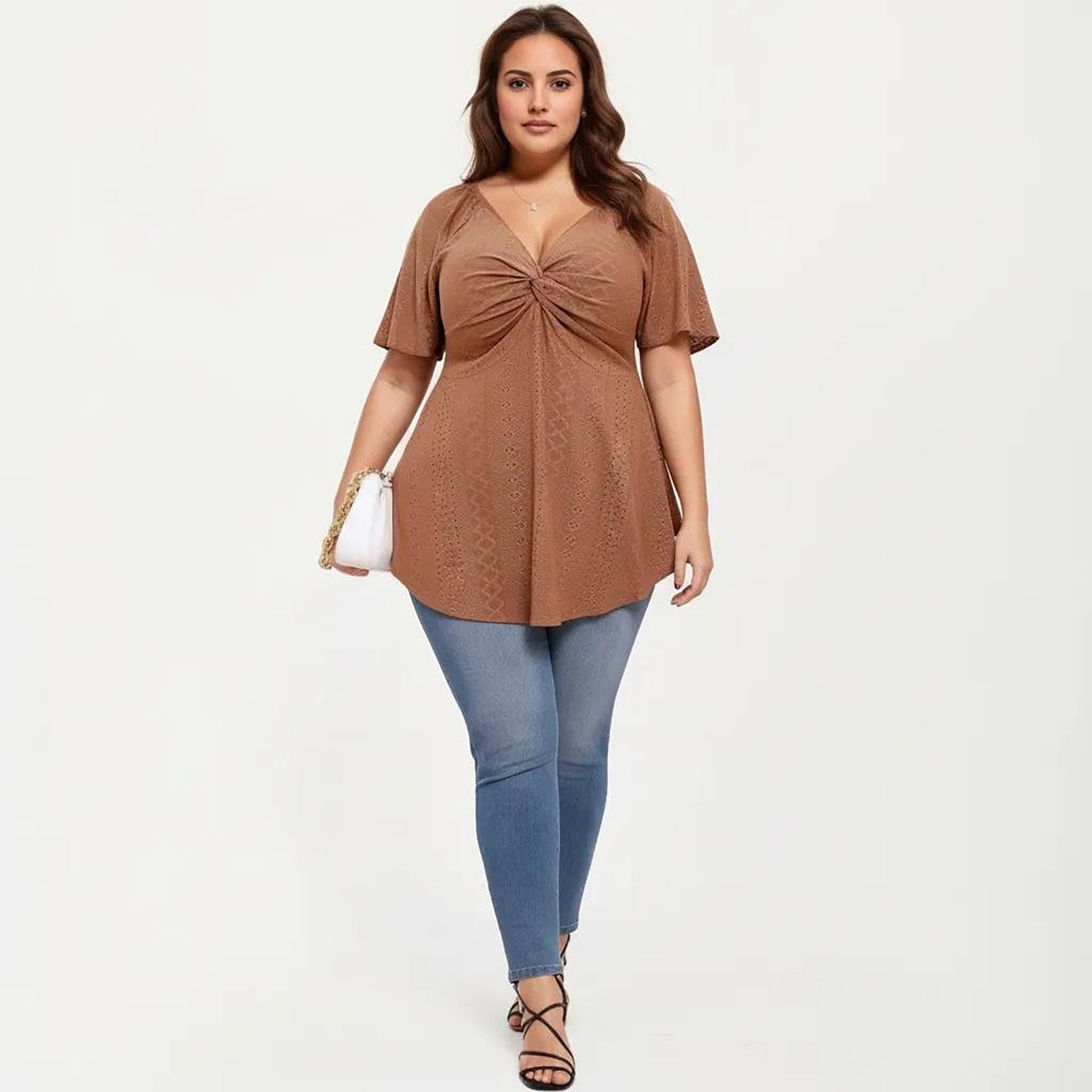 Plus Size Short Sleeve Twist Front V Neck Peplum Top with Textured Eyelet Fabric Blouse