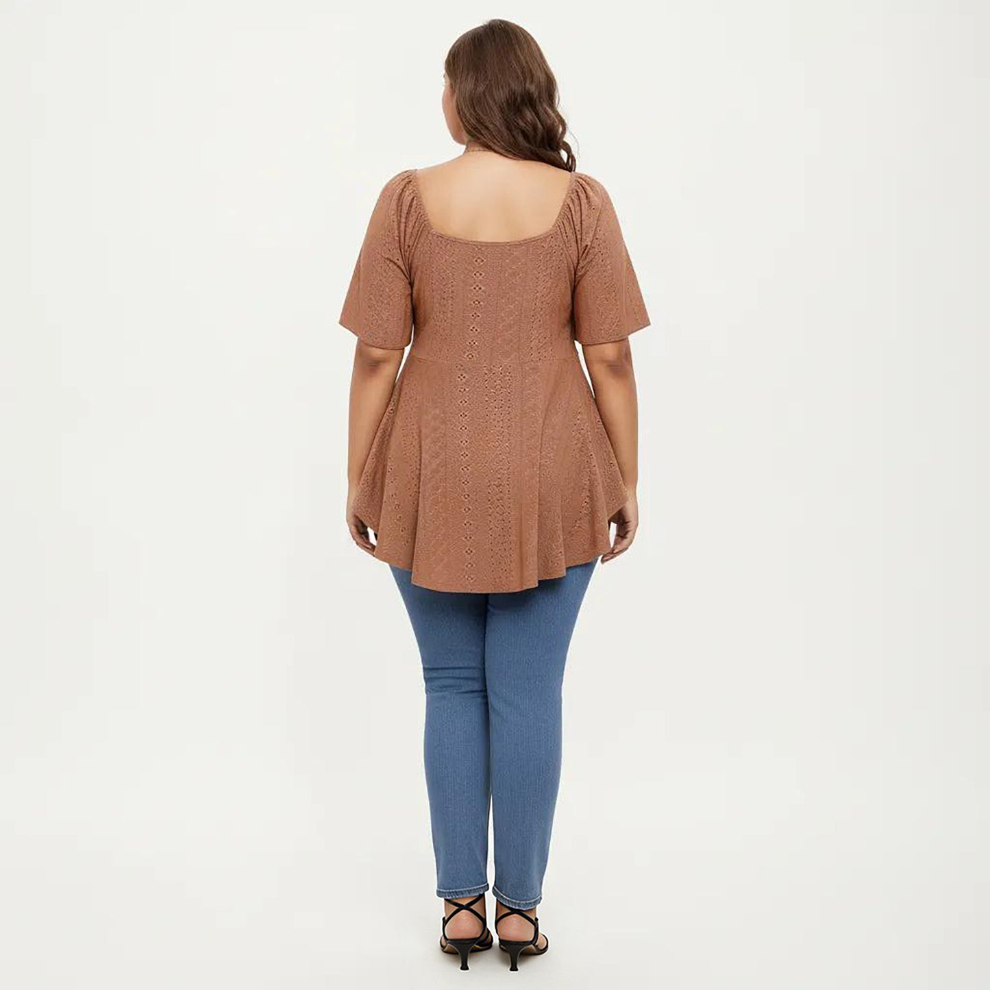 Plus Size Short Sleeve Twist Front V Neck Peplum Top with Textured Eyelet Fabric Blouse