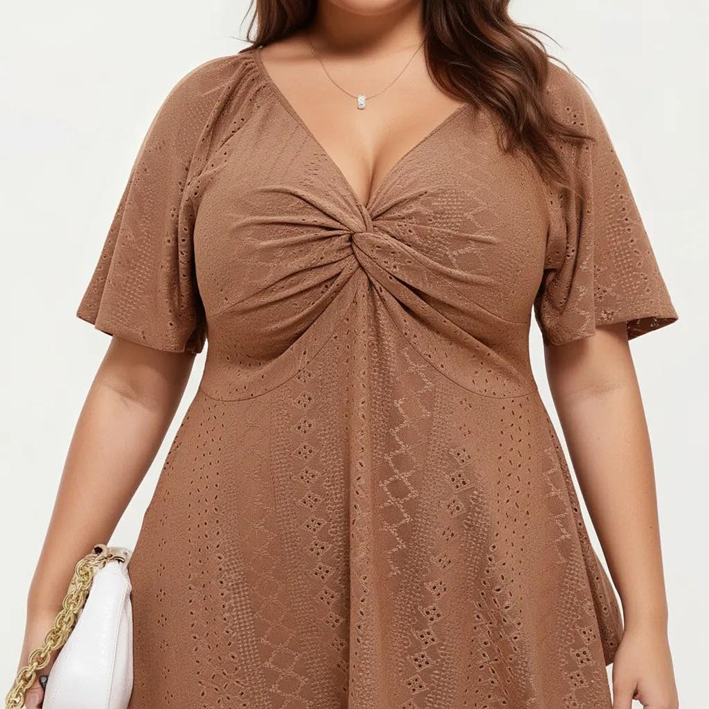 Plus Size Short Sleeve Twist Front V Neck Peplum Top with Textured Eyelet Fabric Blouse