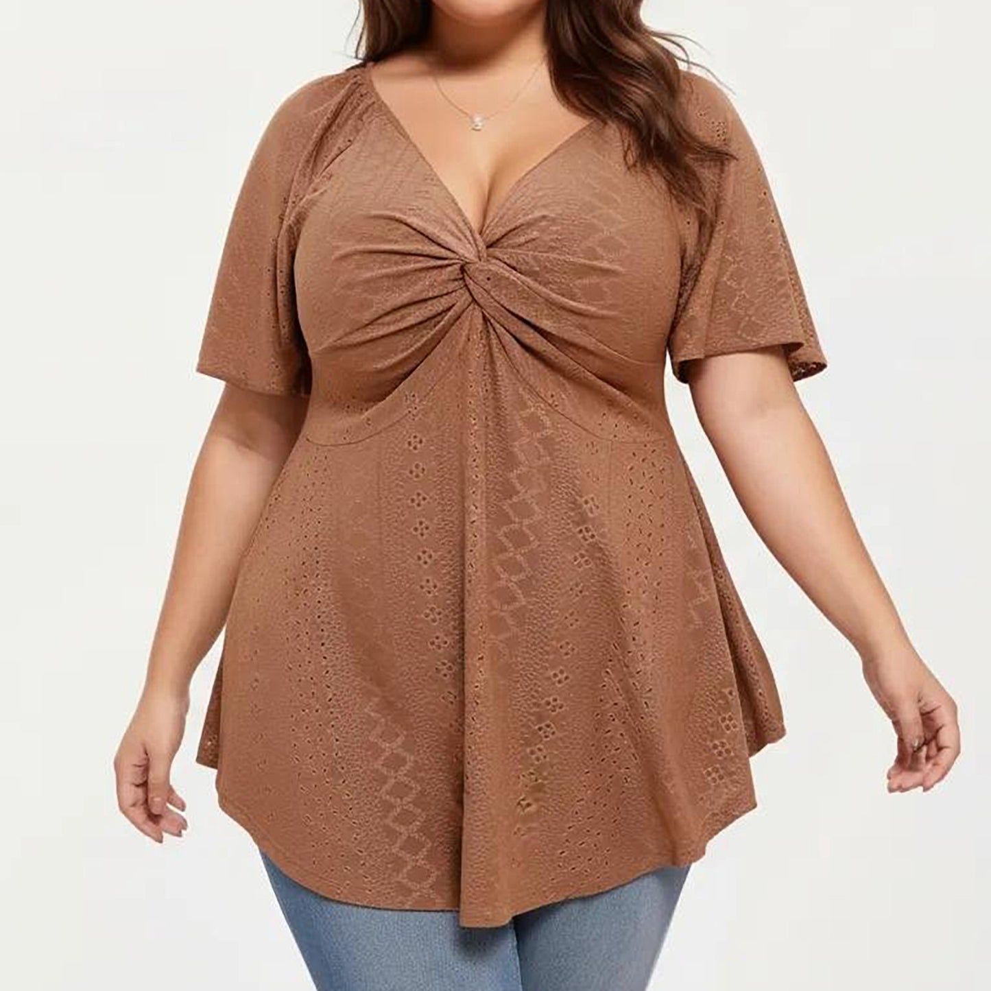Plus Size Short Sleeve Twist Front V Neck Peplum Top with Textured Eyelet Fabric Blouse