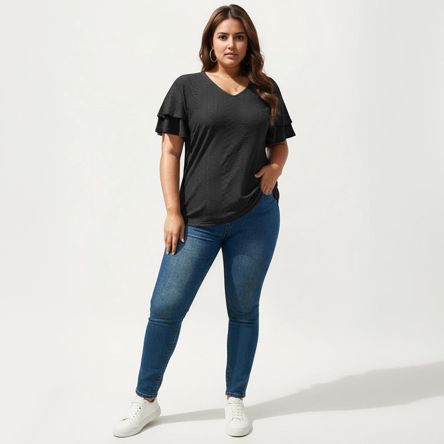 Plus Size Short Sleeve V Neck Top with Textured Knit Fabric Tiered Ruffle Sleeves Shirt