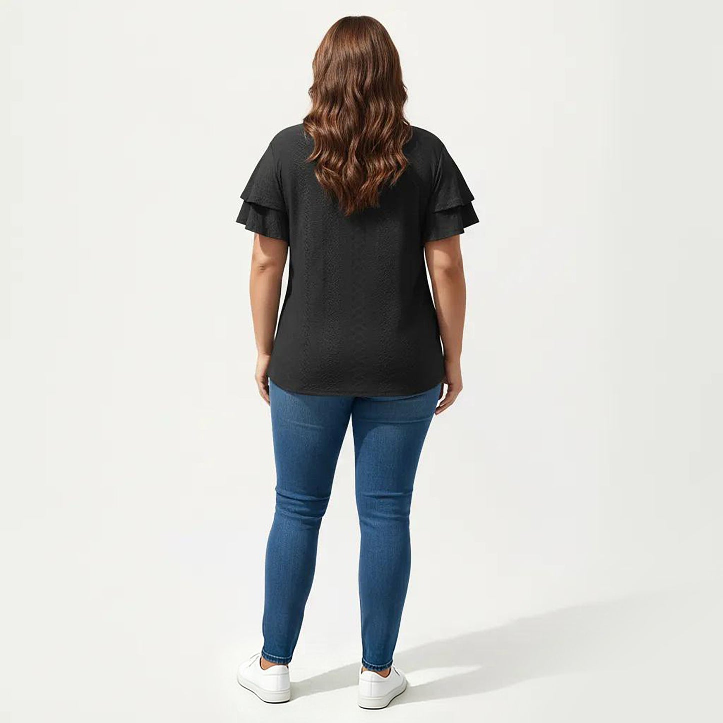 Plus Size Short Sleeve V Neck Top with Textured Knit Fabric Tiered Ruffle Sleeves Shirt