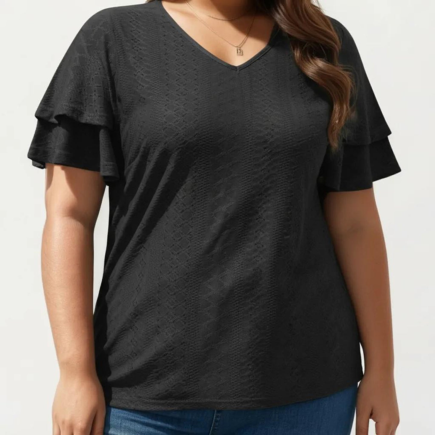 Plus Size Short Sleeve V Neck Top with Textured Knit Fabric Tiered Ruffle Sleeves Shirt