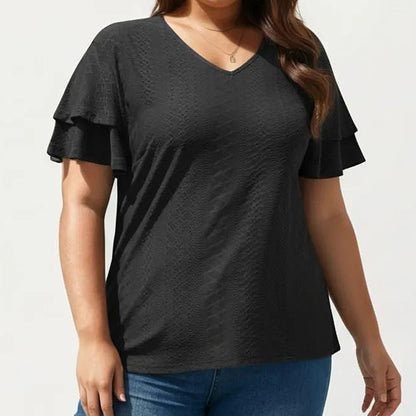 Plus Size Short Sleeve V Neck Top with Textured Knit Fabric Tiered Ruffle Sleeves Shirt