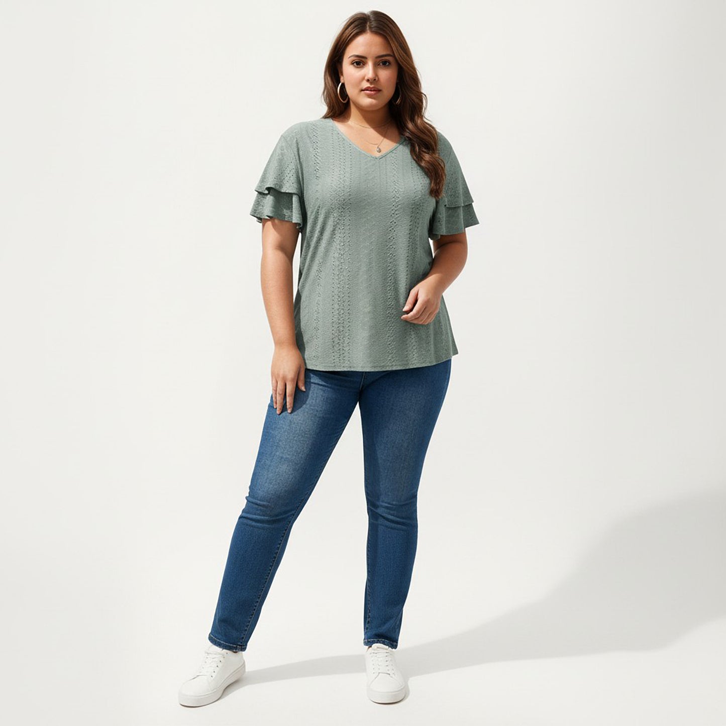 Plus Size Short Sleeve V Neck Top with Textured Knit Fabric Tiered Ruffle Sleeves Shirt