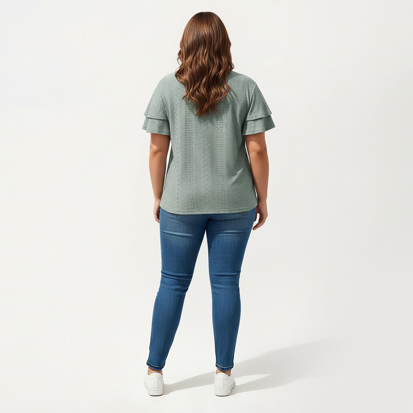 Plus Size Short Sleeve V Neck Top with Textured Knit Fabric Tiered Ruffle Sleeves Shirt
