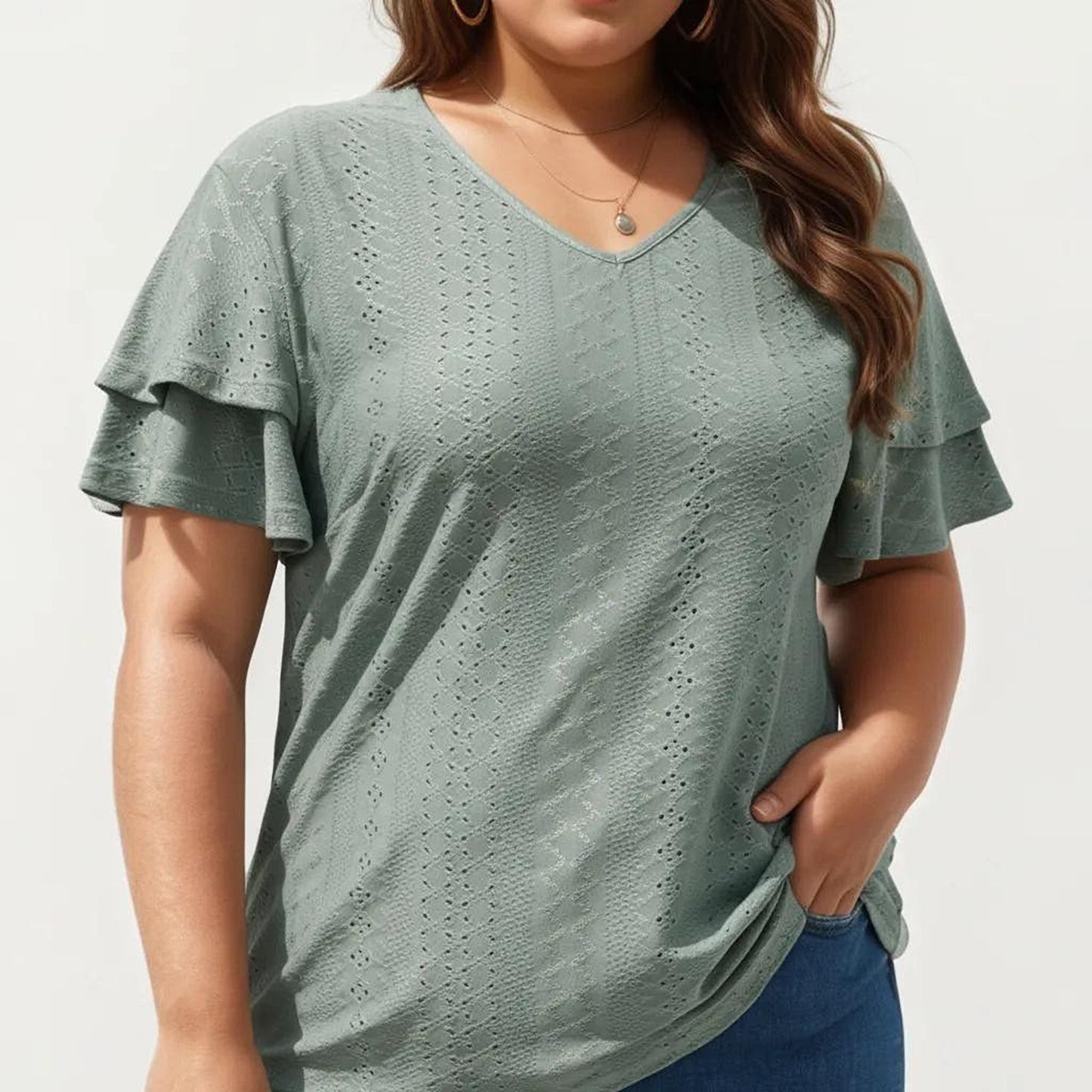 Plus Size Short Sleeve V Neck Top with Textured Knit Fabric Tiered Ruffle Sleeves Shirt