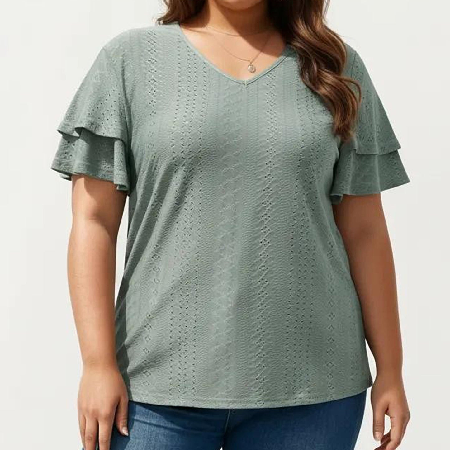 Plus Size Short Sleeve V Neck Top with Textured Knit Fabric Tiered Ruffle Sleeves Shirt