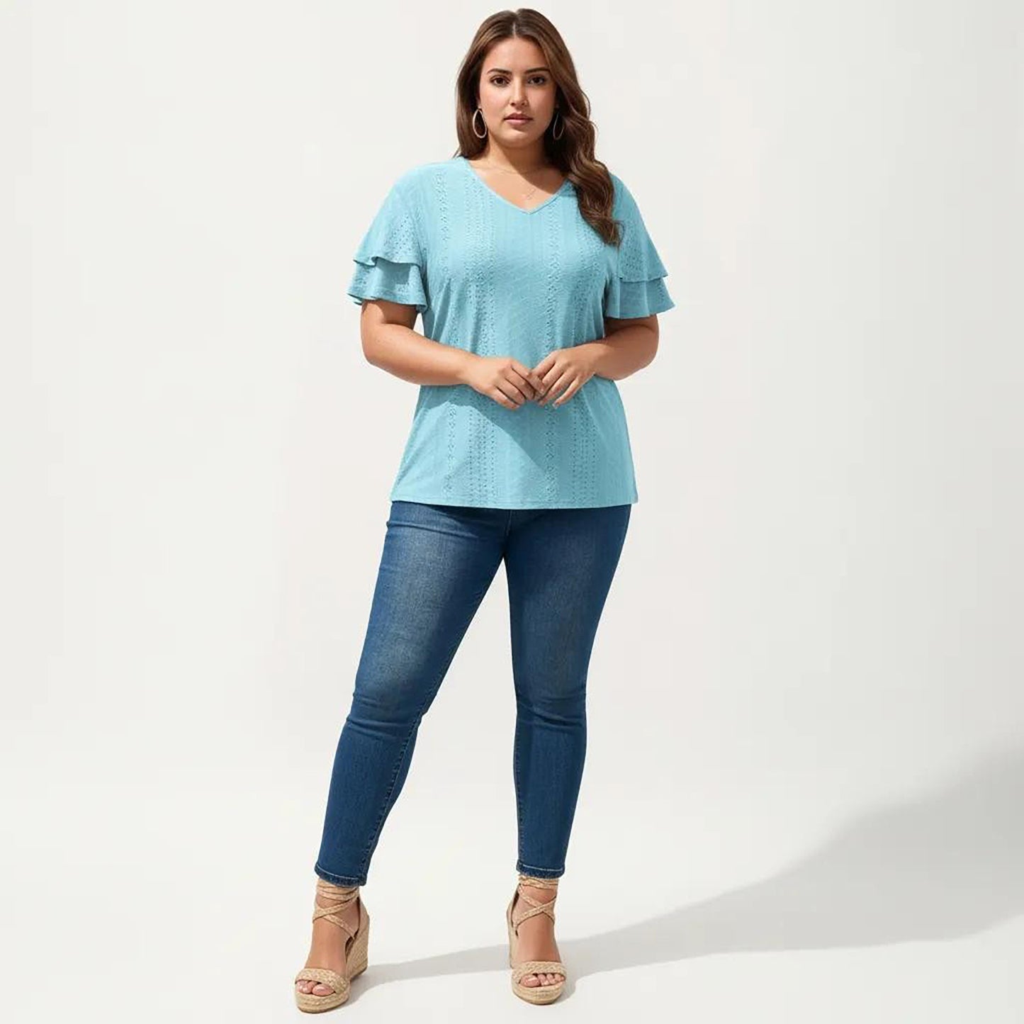 Plus Size Short Sleeve V Neck Top with Textured Knit Fabric Tiered Ruffle Sleeves Shirt