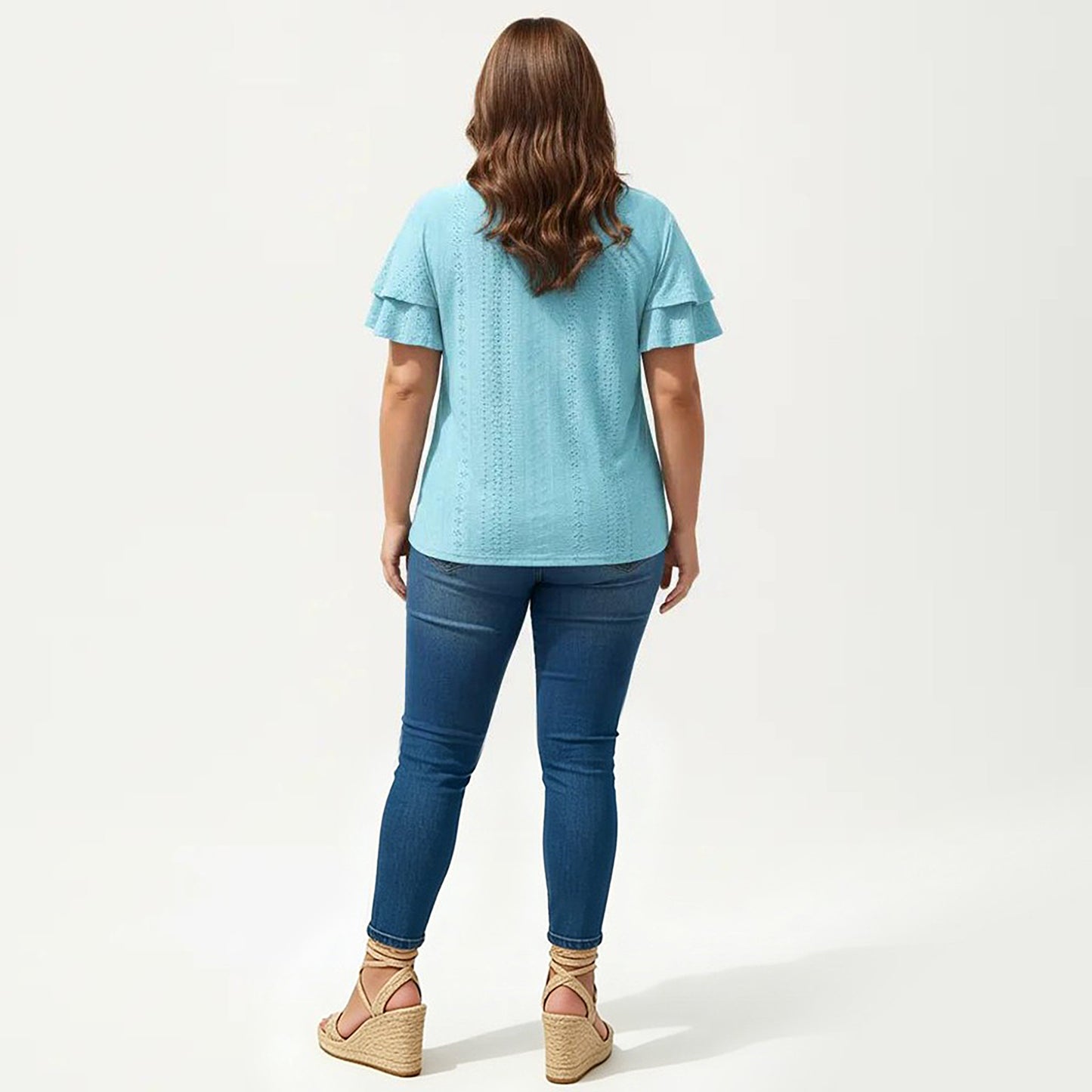 Plus Size Short Sleeve V Neck Top with Textured Knit Fabric Tiered Ruffle Sleeves Shirt